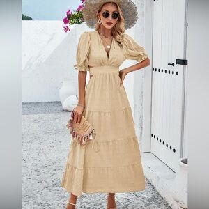 Beige Peplum Tied Backless Cutout Maxi Summer Dress Size Small NWT